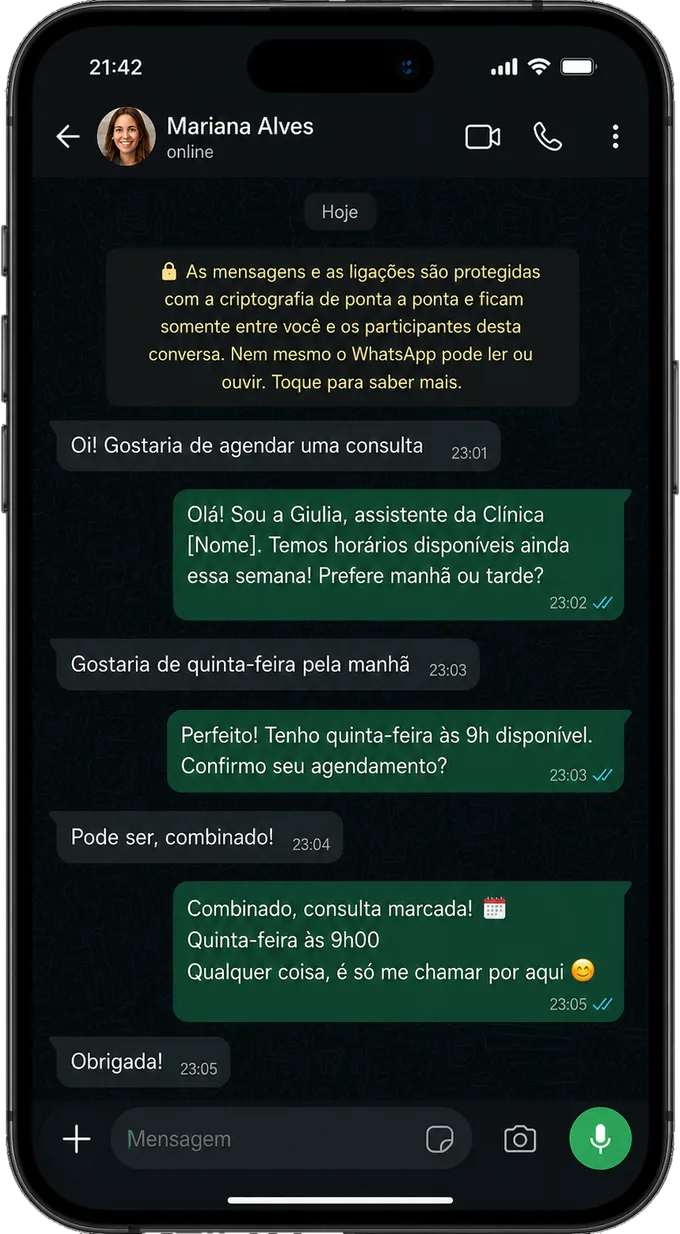 GiulIA agendando uma consulta pelo WhatsApp
